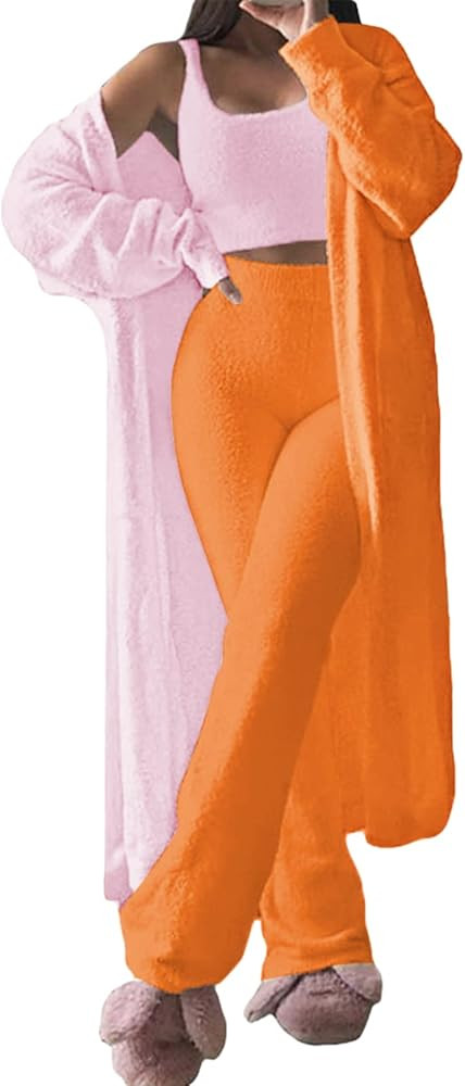 Fixmatti Women's Fuzzy 3 Piece Sweatsuit Open Front Cardigan Crop Tank Tops Wide Legs Pants Loung... | Amazon (US)