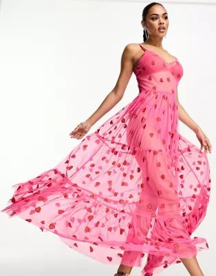 Lace & Beads sheer maxi dress in pink and red heart | ASOS (Global)