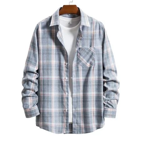 BSJJY Men s Casual Plaid Long Sleeve Loose Pocket Button Lapel Collar Shirt Jacket Plaid Flannel Shi | Walmart (US)