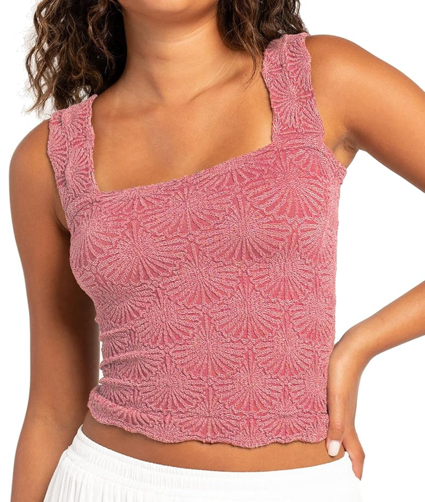 Women's Square Neck Wide Strap Crop Tank Tops Flower Going Out Tops Slim Fit Lettuce Trim Crop Ca... | Amazon (US)