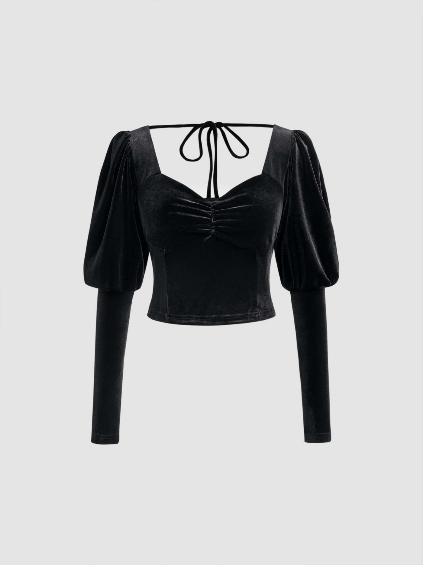 Velvet Sweetheart Tie Back Puff Sleeve Crop Top | Cider