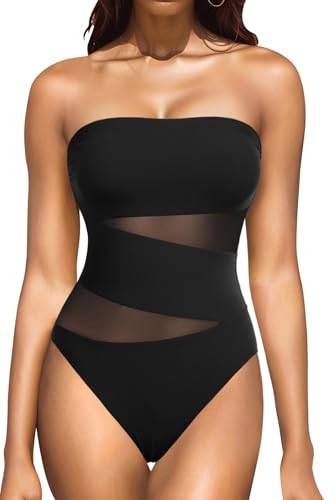 Holipick Women Black Strapless One Piece Swimsuit Tummy Control Bandeau Bathing Suit Mesh Cutout Swimwear M | Amazon (US)