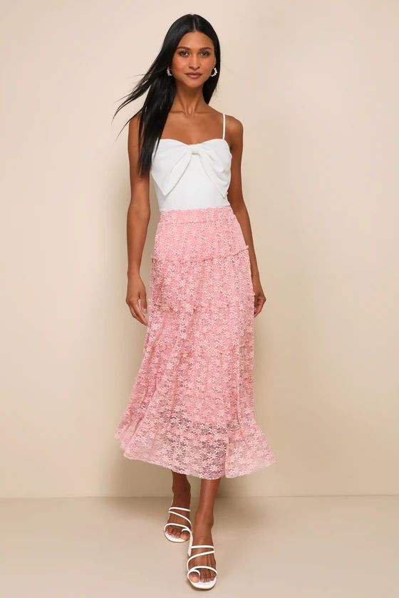 Easily the Sweetest Mauve Pink Lace Tiered High-Rise Midi Skirt | Lulus