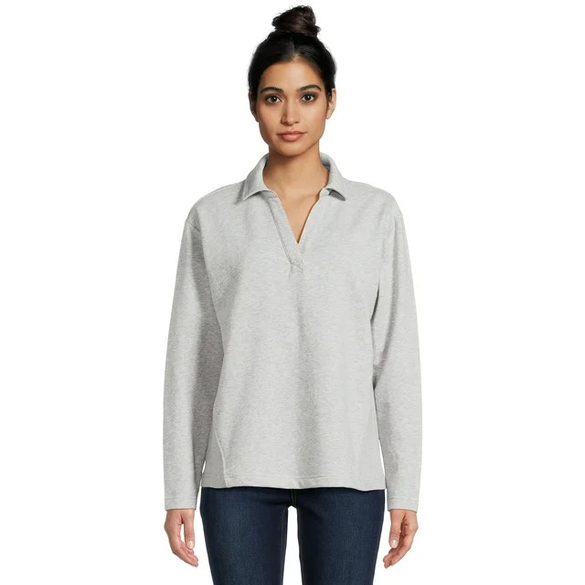 Time and Tru Women's Split Neck Long Sleeve Collared Sweatshirt with Contrast Rib Side Panels XS-... | Walmart (US)
