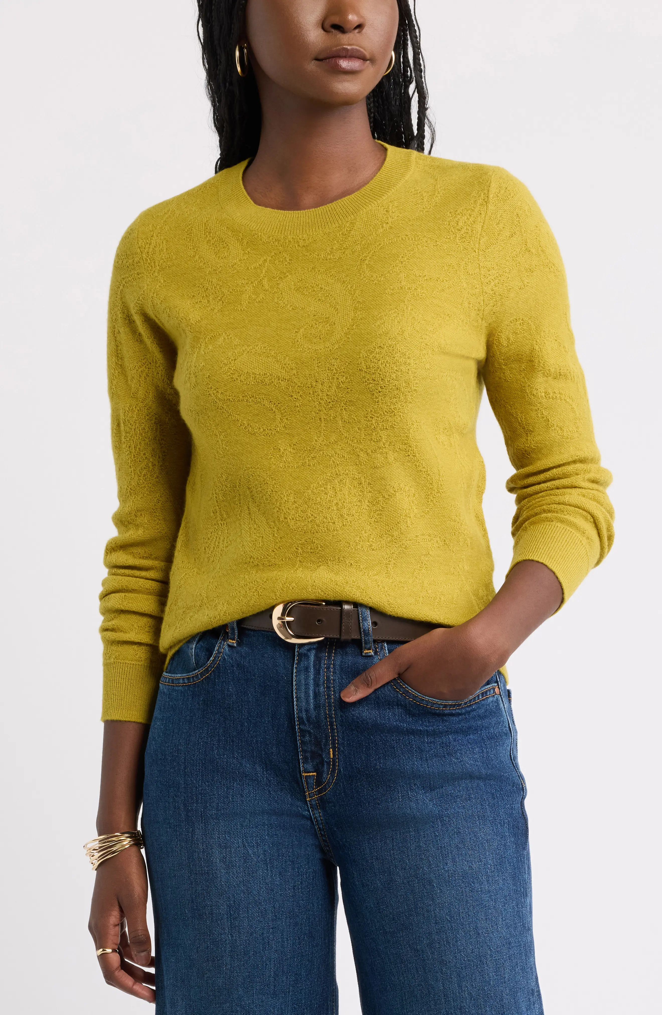 Treasure & Bond Jacquard Cashmere Blend Crewneck Sweater in Olive Pea at Nordstrom, Size Medium | Nordstrom