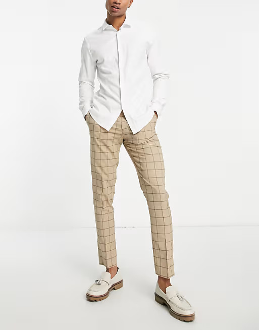 ASOS DESIGN skinny suit pants in stone windowpane check | ASOS (Global)