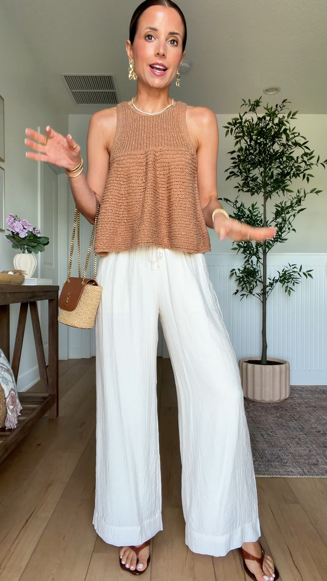 My dinner outfit. Summer outfit. Elevated casual outfit. Resort outfit. Resort wear. Vacation outfit. Europe outfit. New wide leg crinkle pants from Abercrombie in XXS short. Anthropologie sweater tank in XXS. Amazon jelly sandals are TTS. YSL raffia bag.

#LTKootd #LTKTravel #LTKPetite