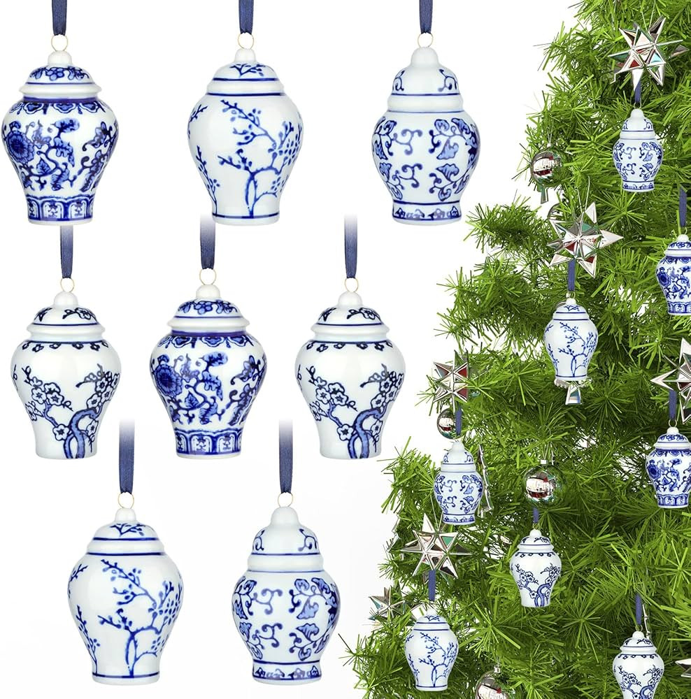 8 Pieces Christmas Chinoiserie Ornaments Mini Ginger Jar Ornaments Porcelain Hanging Ornaments Bl... | Amazon (US)