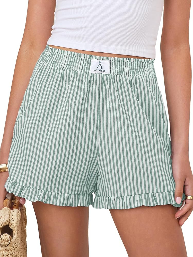 ANRABESS Boxer Shorts for Women,Gingham Plaid Elastic Waist Ruffle,Perfect for Lounge,Pajama&Slee... | Amazon (US)