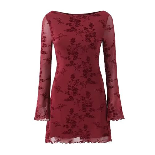 Women's Autumn Style Slim Fit Mini Dress with Flared Sleeves and Print Pattern Burgundy | Amazon (US)