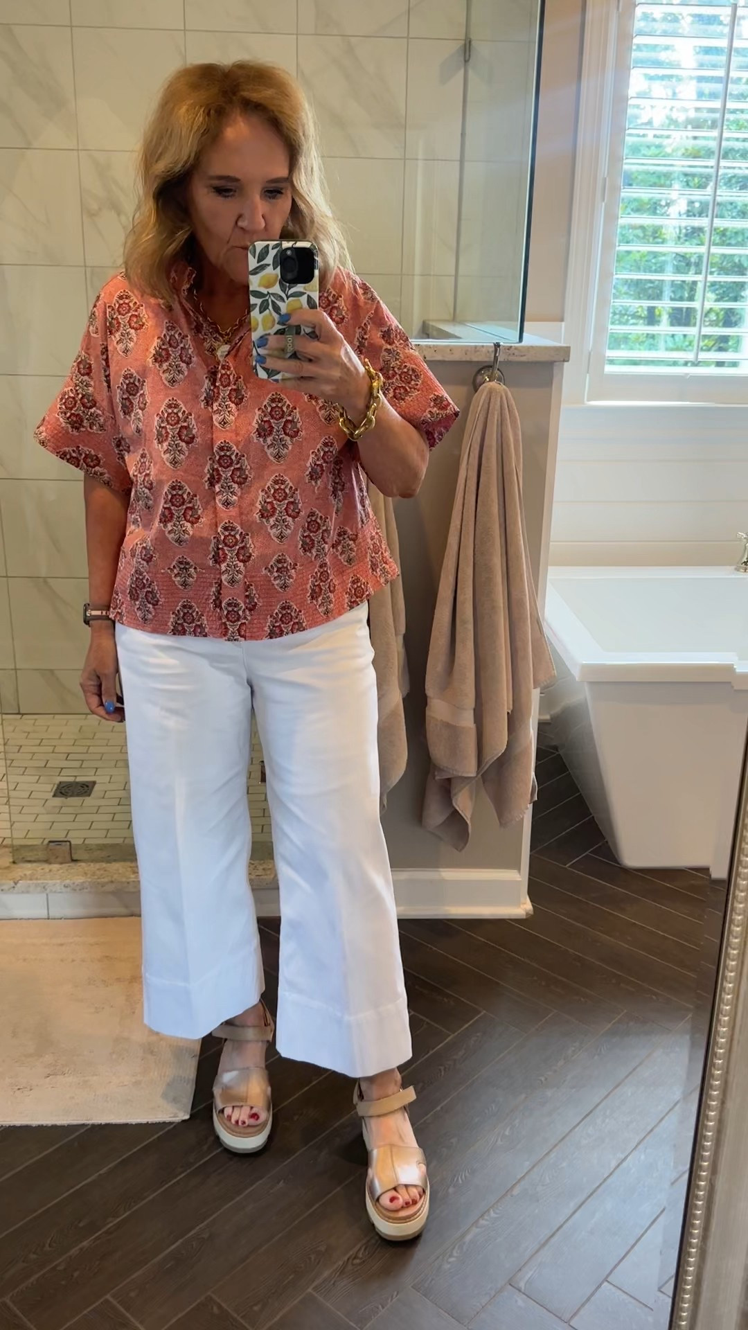 Tuckernuck top size medium 
Spanx wide leg stretch twill cropped pants size medium petite I’d size up if inbetween 

Sturdy sandals tts  

#LTKSummerEdit #LTKOver40 #LTKWorkwear