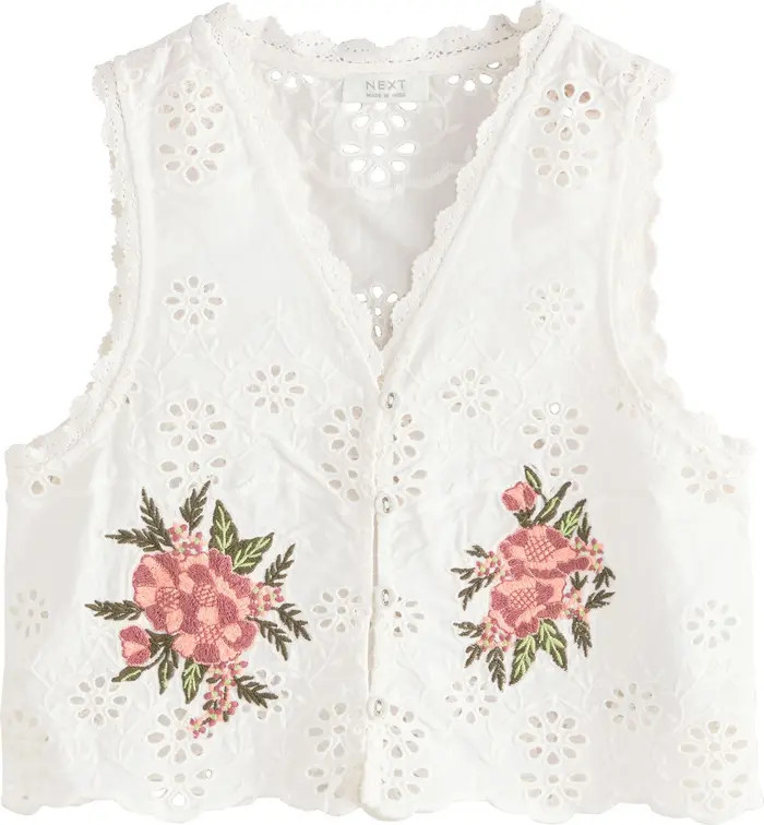 Kids' Floral Embroidered Eyelet Cotton Button-Up Vest | Nordstrom