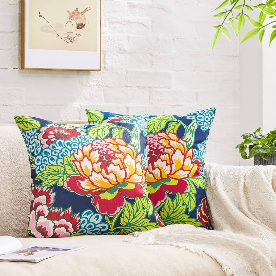 BLESFEST Pack of 2, Chinoiserie Pillow Cover 20 x 20 Inch Peony Floral Pillow Covers Linen Flower... | Amazon (US)