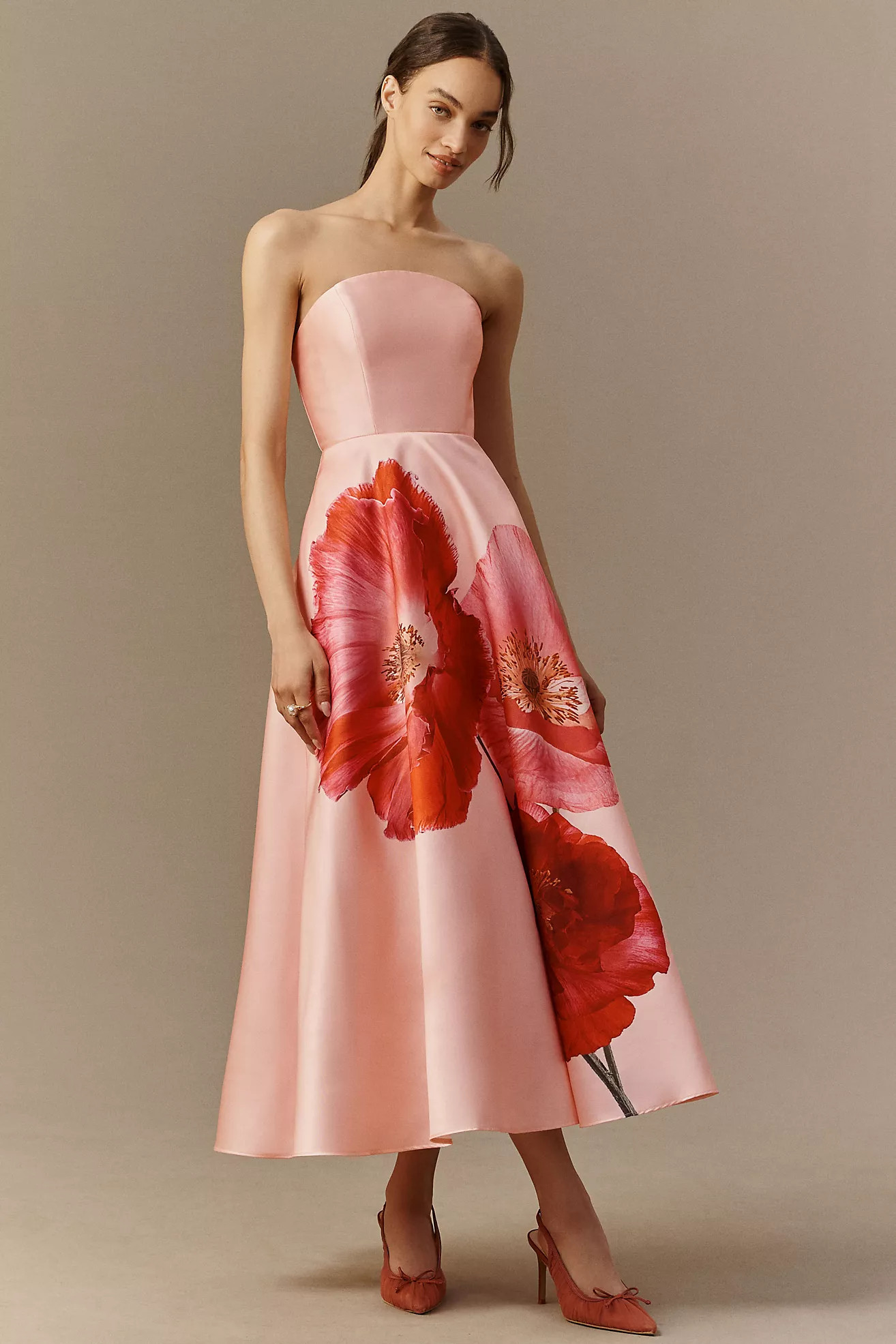 Mac Duggal Pink Floral Strapless A-Line Midi Dress | Anthropologie (US)