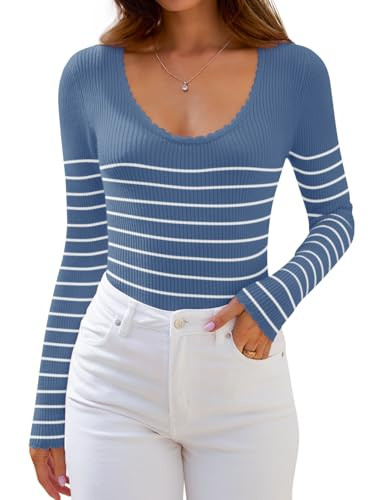 ZESICA Women's Long Sleeve Striped Tops 2024 Fall Scoop Neck Slim Fit Ribbed Knit Sweater Basic C... | Amazon (US)