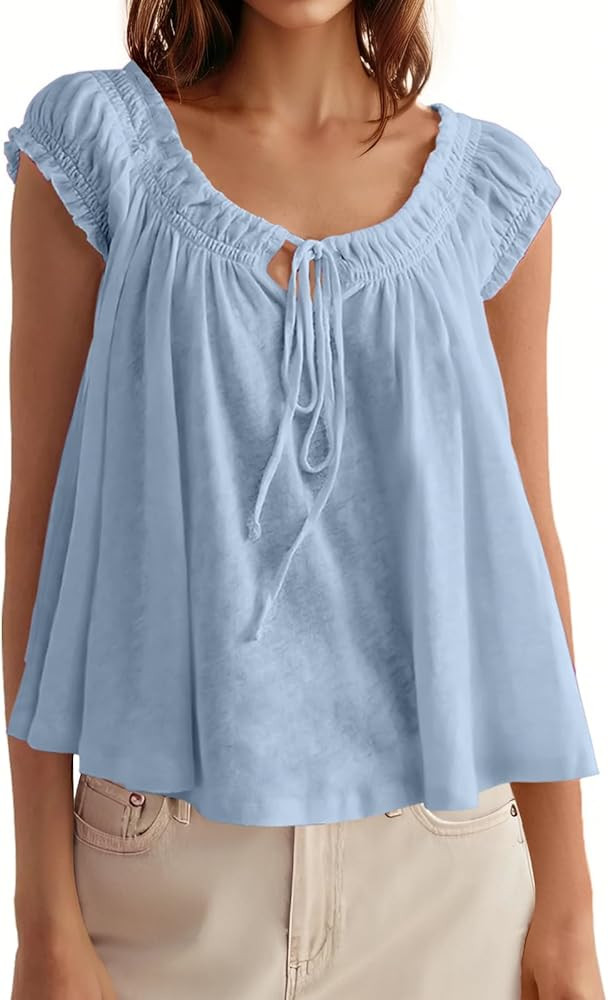 Tankaneo Women Summer Tie Front Tank Tops Cap Sleeve Pleated Babydoll Tops Casual Loose Fit Going... | Amazon (US)