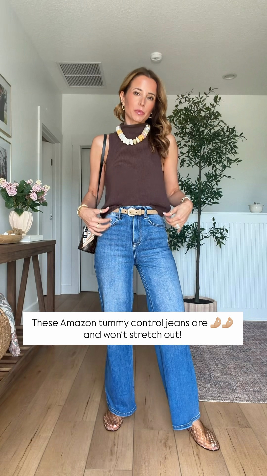12 things that altered my brain chemistry! Amazon tummy control jeans in size 24 with 30” inseam, color medium blue (size down if in-between). Brown mockneck sweater tank in XXS. Size down in jelly flats if you’re a half size. Fall outfit. Elevated casual outfit. Mom outfit. Summer outfit. Everyday outfit. 
#LTKmorningroutine #LTKTravel #LTKBeauty