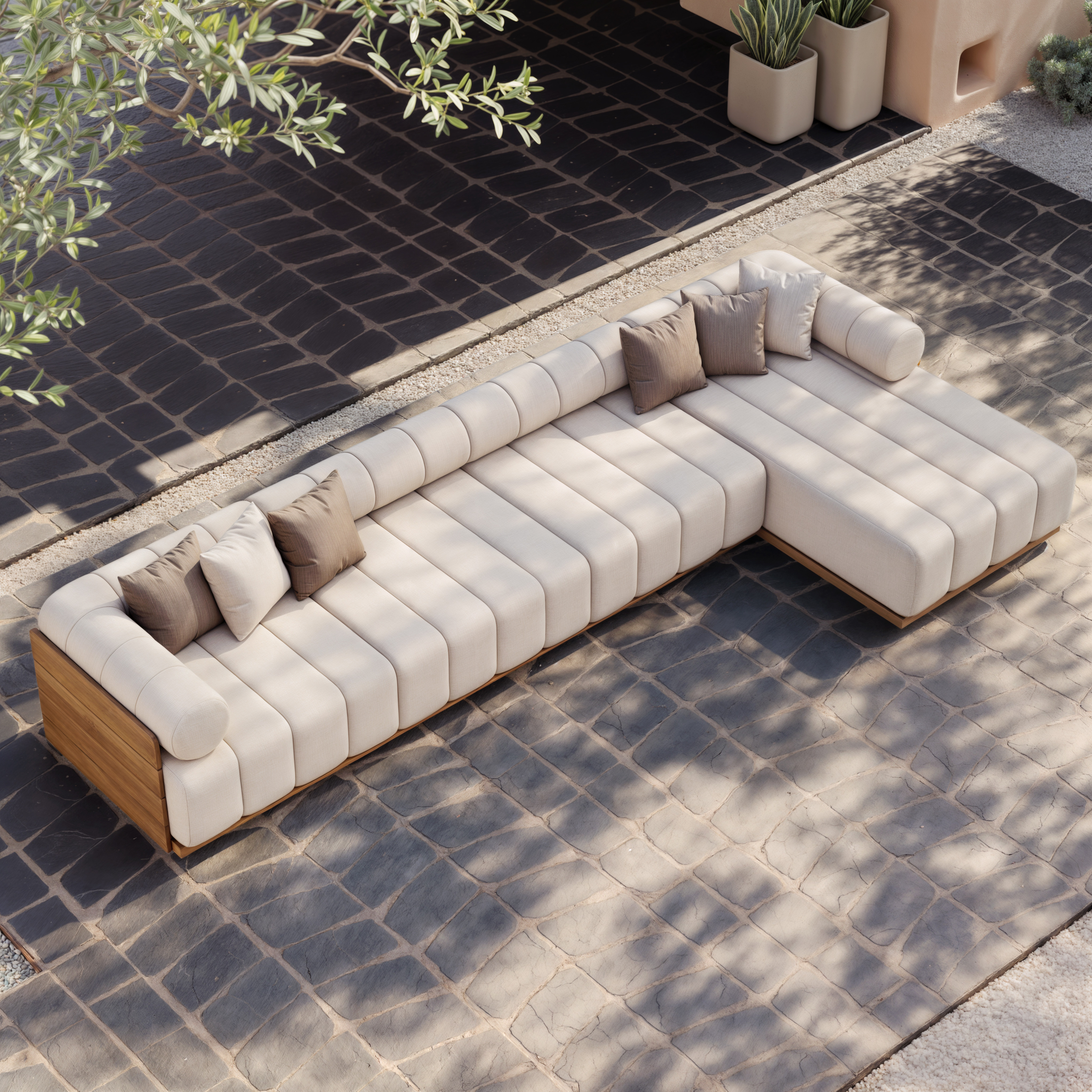 4 PCS Modular Teak Patio Outdoor Sectional Sofa Modern Exterior Furniture in Natural Cushion & Pillow Included | Homary