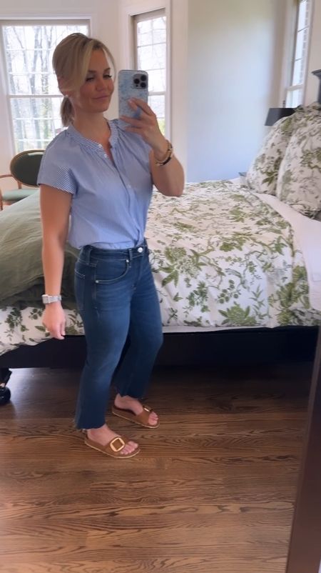 These jeans are a cropped raw hem and I cropped them even more by cutting them to fit my 5”1’ height. This style is perfect fit all my short friends. 💙 this strip button down top is a relaxed fit with a gathered neckline. Perfect for spring. 

Sizing: 
Jeans 26
Top Small 
Sandals sized down 

#springfashion #fashioninspo #petitefashion #springstyle #fashionover40 #fashioninspo #chicstyle #classicstyle #nancymeyerstyle #grandmillennial 



#LTKover40 #LTKVideo #LTKstyletip