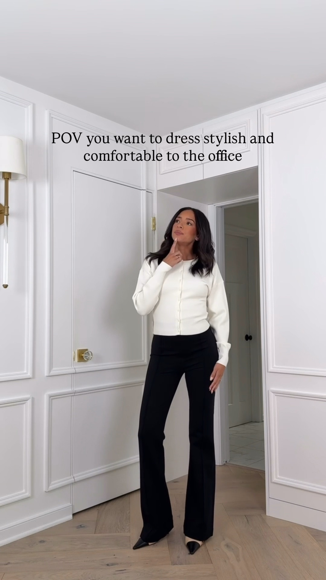 Work outfits with flats 🖤 Want to look chic at the office without wearing heels? These looks prove you can keep it polished, stylish, and comfortable in flats. Sizing below (I’m 5’8” for length reference.) 👇🏽 

White Cardigan - S 
Flare pant - S Tall (sized up for bump) - code NENAXSPANX to save 
Blazer - S 
Stirrups - S 
Loafers - run slightly small 
Beige Cardigan - S 
Navy pants - M (sized up for bump) 
Leopard flats - TTS Blouse - S 
Plaid skirt - 4 (sized up for bump) 
Black flats - TTS 
Trench - S 
Trousers - 28 Long (sized up for bump) 
Black top - XS

#LTKSeasonal #LTKWorkwear