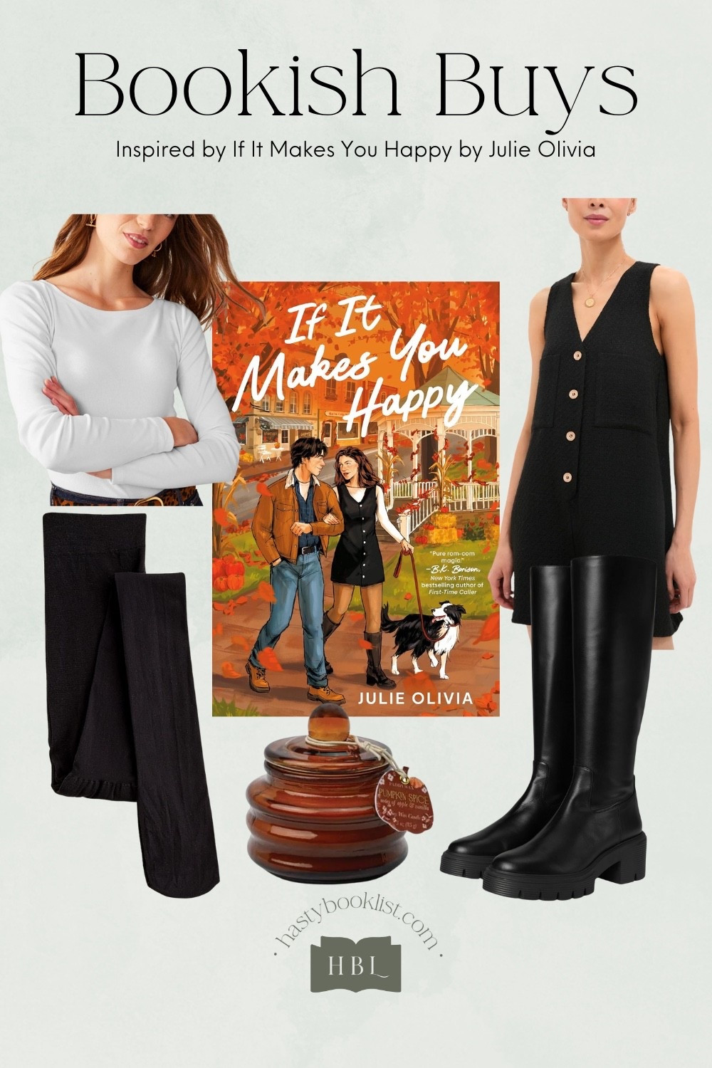There’s something about fall that makes you want to wrap yourself in texture, warm layers, and a little storybook magic—and the right outfit can make you feel like the main character in your own life. A black textured romper with buttons down the front, layered over an Essential Boat-Neck Jersey Top, paired with sheer tights and Soho Knee High Boots, hits that perfect balance of chic and cozy. The buttons add playful detail, the layered top keeps it soft and approachable, and the boots give it a confident, city-ready edge—all while leaving room to curl up with a good book or tackle your to-do list.

Light a fall-scented candle that smells like crisp leaves, baked apples, and the comforting warmth of a Vermont inn, and suddenly you’re stepping into the world of If It Makes You Happy by Julie Olivia. Set in small-town Copper Run, Vermont, this slow-burn romance follows a newly divorced innkeeper as she navigates awkward encounters, scone disasters, and a flannel-wearing neighbor whose charm is impossible to resist. Between the candlelight, cozy layers, and golden autumn glow, it’s easy to imagine yourself in the story—or at least channeling its warmth and confidence in your own life.

Wearing this look while savoring the small, comforting rituals of fall is a reminder that being the heroine of your own story doesn’t mean having everything figured out. It’s about showing up for yourself, finding joy in the little moments, and embracing a day that feels wholly yours—boots on, buttons fastened, candle flickering. Sometimes, all it takes is the right outfit and a little literary inspiration to feel like the main character you truly are.

#LTKHome #LTKSeasonal #LTKWorkwear