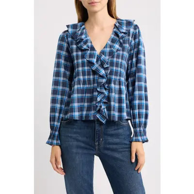 DÔEN Hardy Ruffle V-Neck Organic Cotton Top in Valmont Plaid at Nordstrom, Size X-Large | Nordstrom