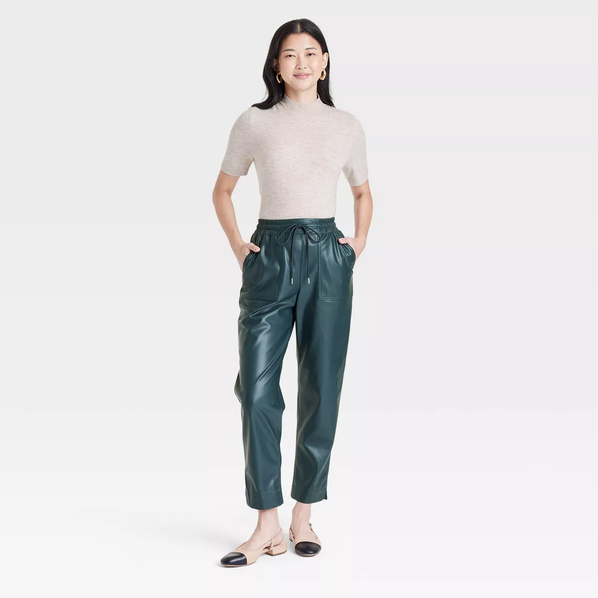 Women's High-Rise Faux Leather Tapered Ankle Pull-On Pants - A New Day™ Green L | Target