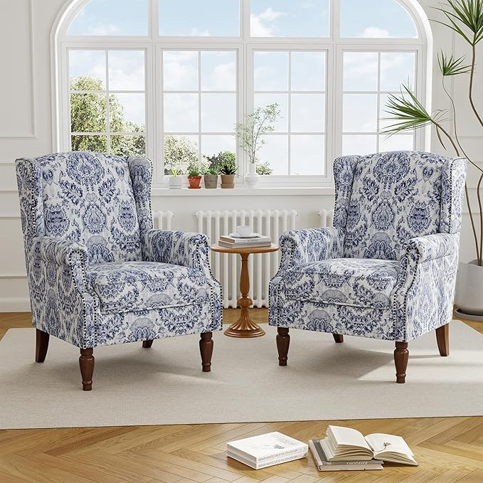 Floral High Back Accent Chair, Upholstered Armchair with Solid Wood Legs, Comfy Wingback Reading ... | Amazon (US)