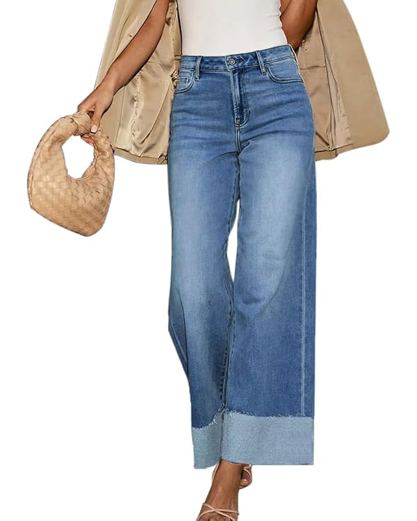 Women's High Waisted Wide Leg Jeans Stretch Frayed Raw Hem Straight Leg Boyfriend Cuffed Jeans Tr... | Amazon (US)