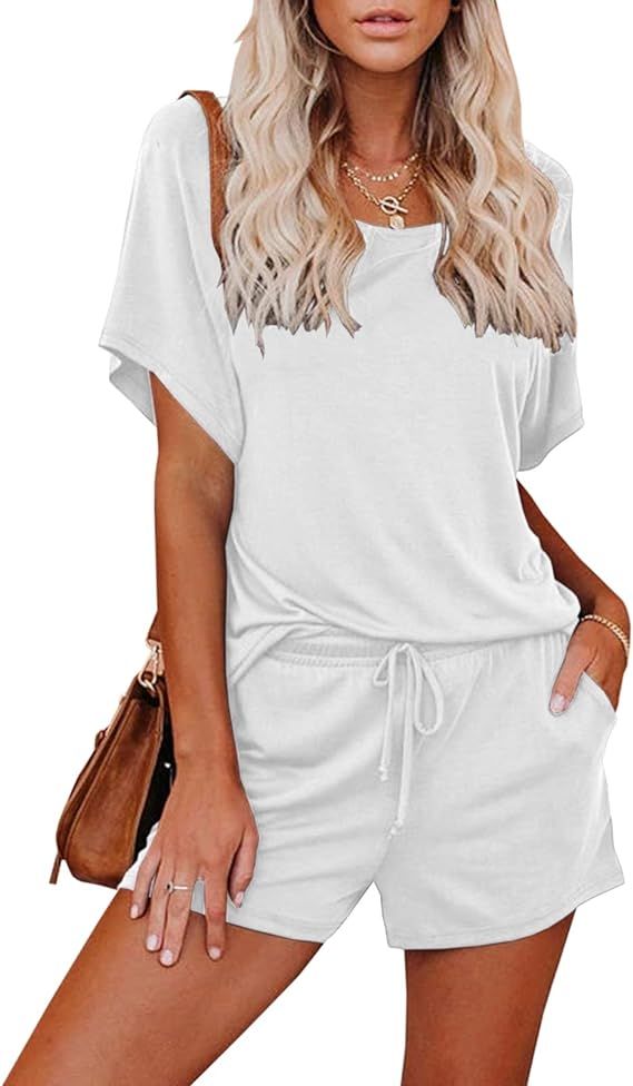 Womens 2 Pieces Outfits Loungewear Casual Short Sleeve Crewneck T Shirts Drawstring Shorts Set wi... | Amazon (US)