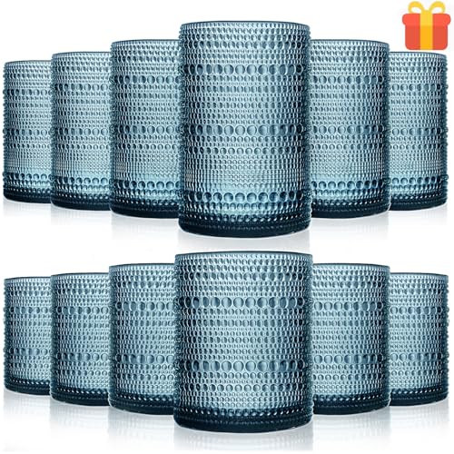 megarte Vintage Glassware Drinking Glasses Set Of 12, Blue 14Oz & 11Oz Hobnail Glass Cups Classic Bubble Texture Old Fashioned Glassware For Beer, Cocktails, Whiskey & Juice Drinks, Dishwasher Safe | Amazon (US)