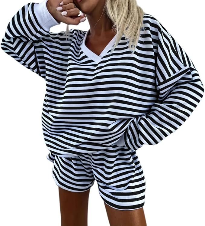 Melliflo Women 2 Piece Outfits Lounge Sets Striped Print Long Sleeve V Neck Sweatshirt and Shorts... | Amazon (US)