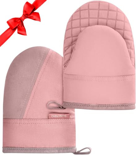 Mini Oven Mitts, Kitchen Oven Gloves Kitchen Mittens 500 Degrees Heat Resistant Baking Gloves, Non-Slip Silicone Surface with Hanging Loops Hot Gloves for Cooking, Baking, BBQ 1 Pair-Pink | Amazon (US)