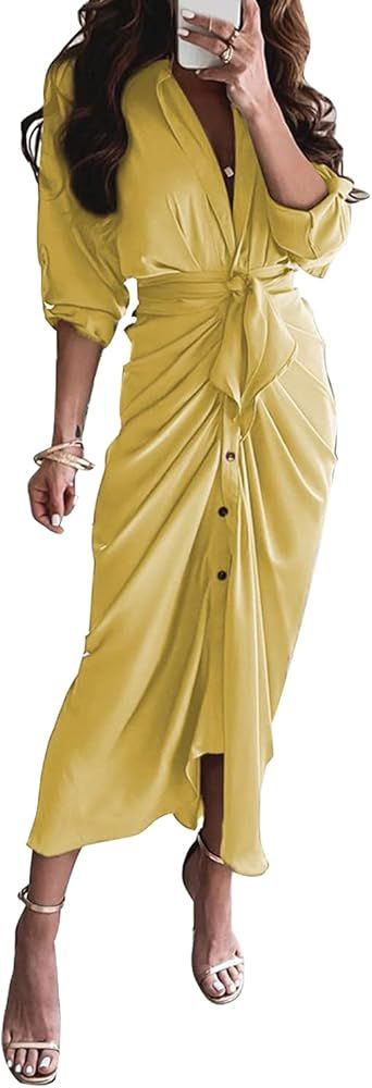 Remelon Button Down Dress for Women Long Sleeve Ruched Front Tie Up Maxi Shirt Dresses | Amazon (US)