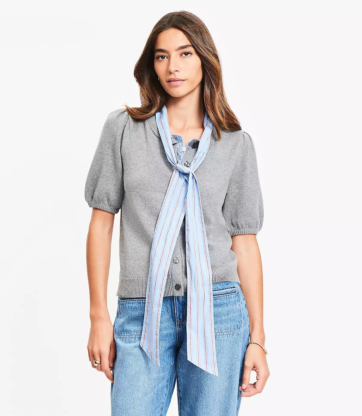 Striped Mixed Media Puff Sleeve Cardigan | LOFT