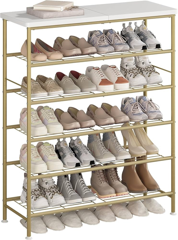 Shoe Rack Organizer 6 Tier for Closet Entryway Free Standing Metal Storage Shoe Shelf with MDF To... | Amazon (US)