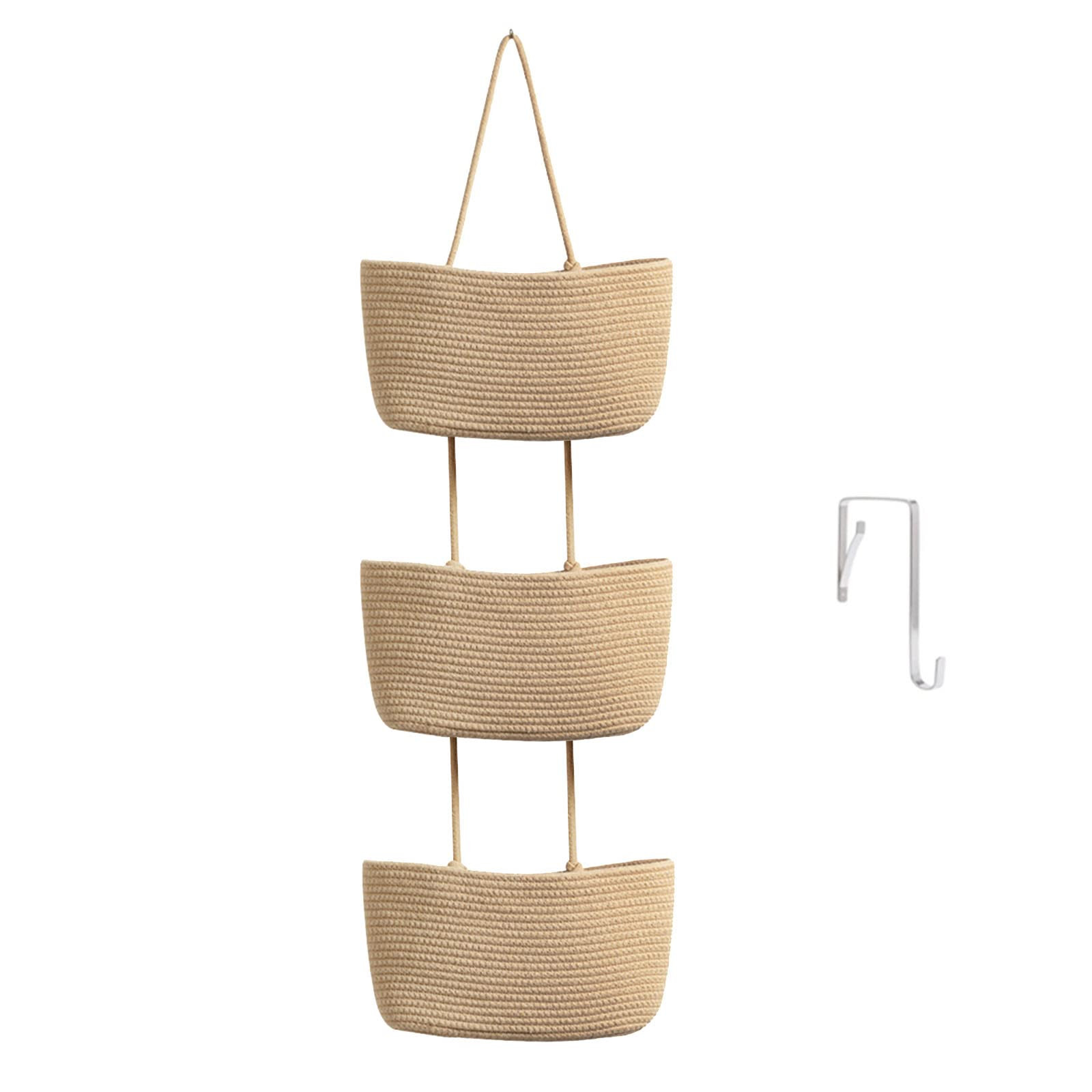 TeoKJ Over the Door Hanging Basket, 3-Tier Woven Cotton Wall-Mounted Storage Organizer Bag Decorative Hanging Nursery Baskets - Jute | Amazon (US)