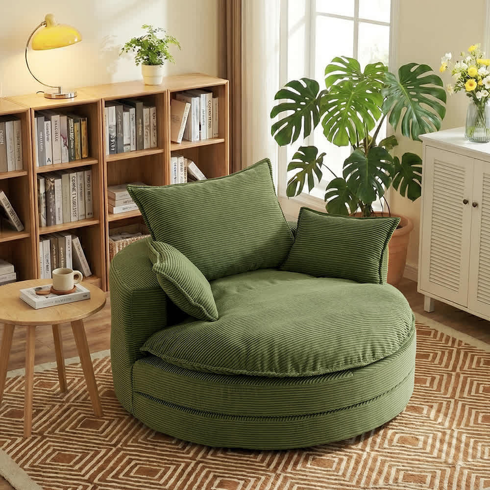 Coolbibila Oversized Green Corduroy Swivel Sofa Chair Barrel Chair with Cushion and Pillows for Living Room one_size | NIKKO-CHAIR-GREEN | Lowe's
