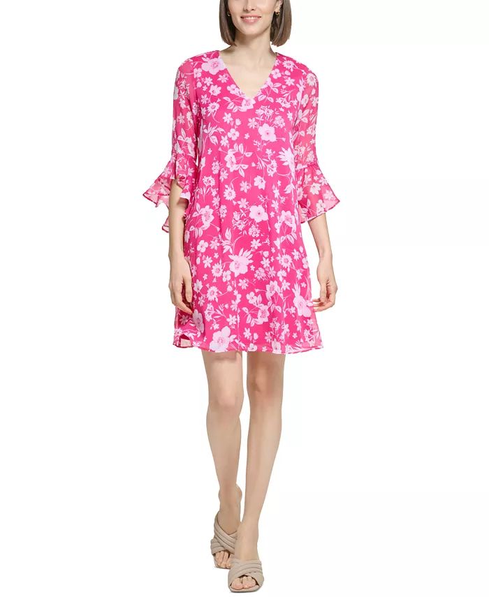 Women's Floral-Print Ruffled-Sleeve Shift Dress | Macys (US)