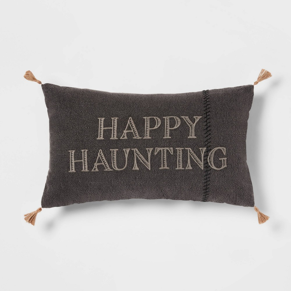 Embroidered 'Happy Haunting' Stitched Lumbar Throw Pillow Black - Threshold™ | Target