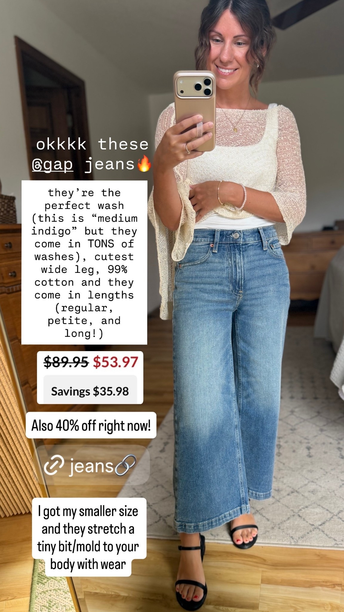 these jeans are 40% off right now! I got my smaller size (24 short) and they stretch a tiny bit/mold to your body with wear. they’re the perfect wash (this is “medium indigo” but they come in TONS of washes), cutest wide leg, 99% cotton and they come in lengths (regular, petite, and long!)

small in my tank, 24 short/petite in my jeans (also linked the light wash pair I own that is very similar to these!) , 6 in my sandals (also linked similar). My poncho is one size and is the light apricot color.

#LTKPetite #LTKgrwm #LTKSeasonal