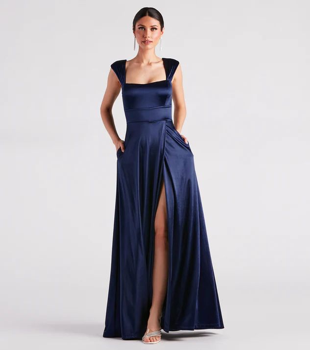 Lisa Satin High Slit A-Line Formal Dress | Windsor Stores