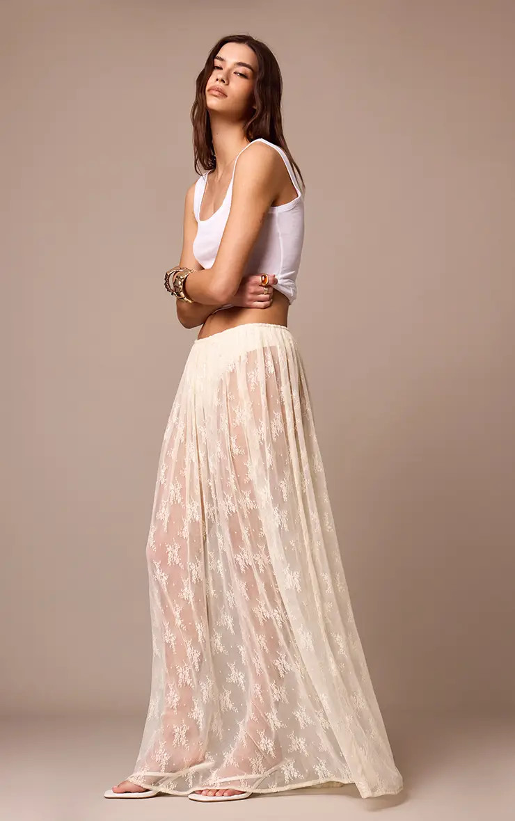 Almond Sheer Lace Maxi Skirt | PrettyLittleThing US