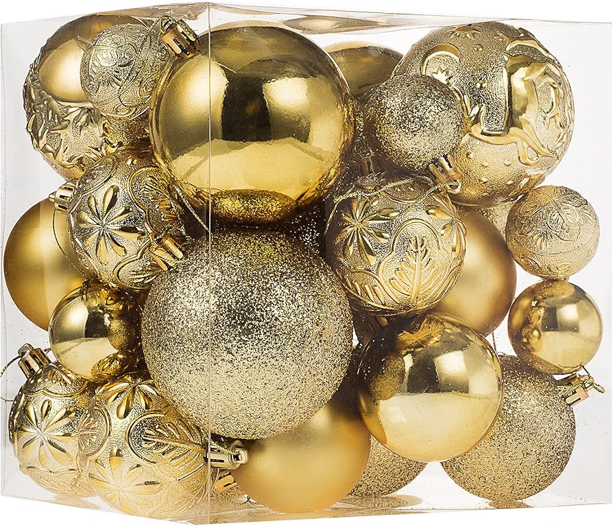 Senjie Gold Shatterproof Christmas Ball Ornaments, 32 Pcs, Plastic, Hanging, Christmas, Wedding | Amazon (US)
