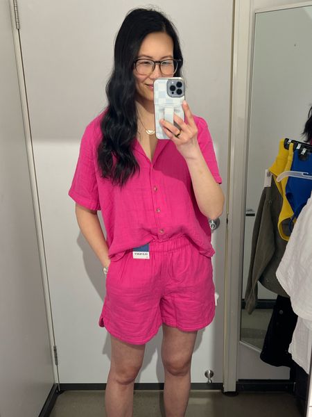 Crinkle gauze short sleeve button up, runs big, you can size down or stay tts, I’m wearing a small here
Crinkle gauze pull on shorts, tts but you can size up if you prefer a looser fit, I sized up here to a medium
Matching set
