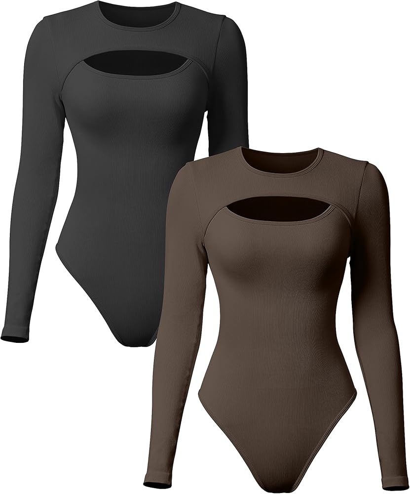 OQQ Women's 2 Piece Bodysuits Sexy Ribbed Long Sleeve Round Neck Cutout Front Tops Bodysuits | Amazon (US)