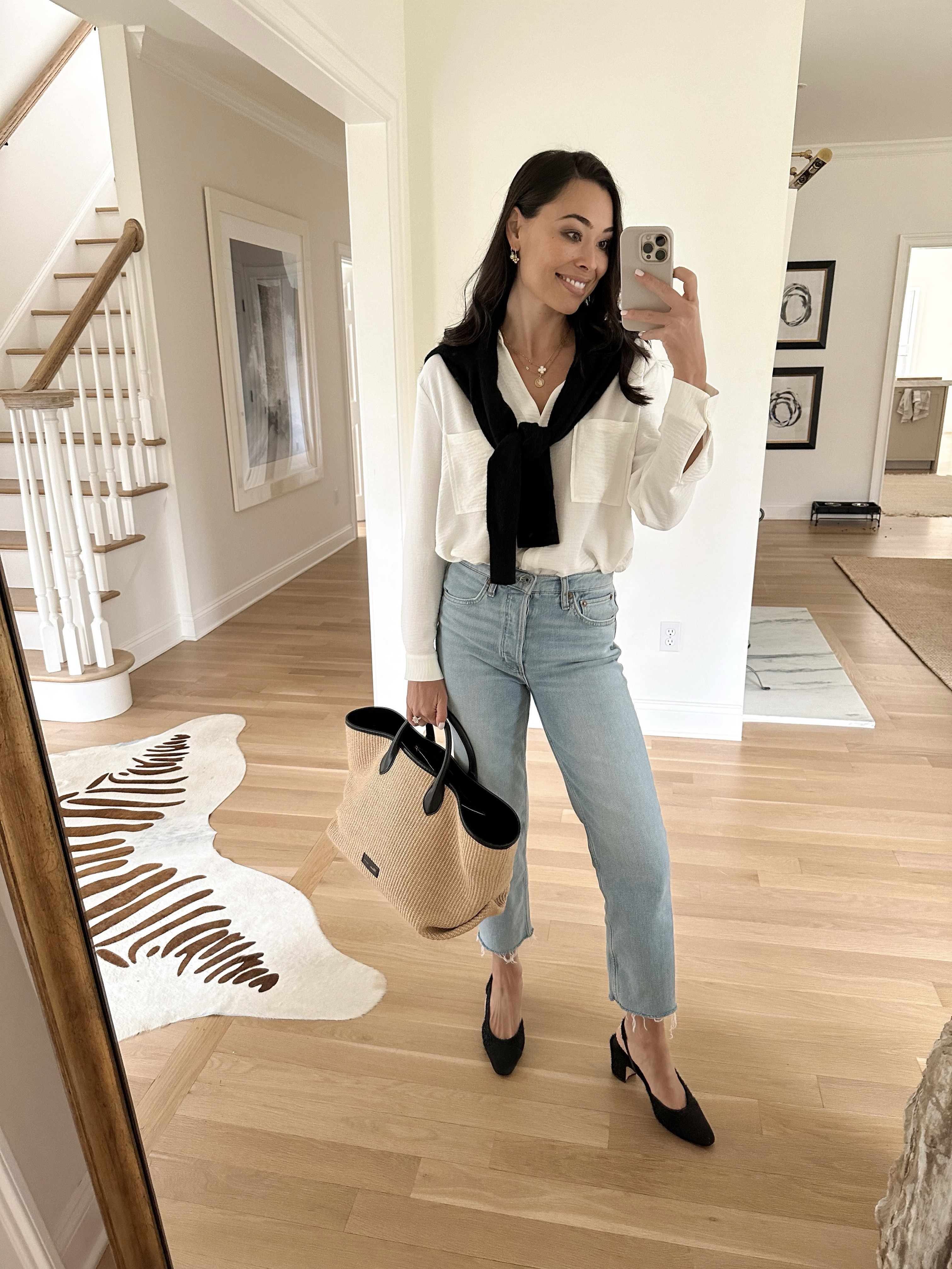 Classic spring outfit, denim jeans, Chanel Slingback pumps, Khaite raffia tote. 

#LTKShoeCrush #LTKWorkwear #LTKSeasonal