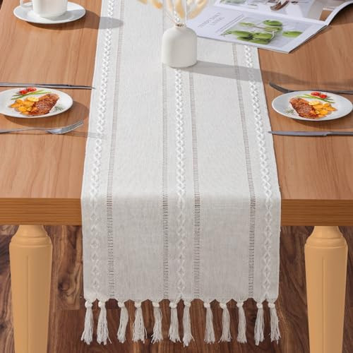 Table Runner, Boho Farmhouse Table Runner 60 Inches Long with Tassels for Holiday Party, Linen Beige Rustic Table Runner Wrinkle Free for Wedding Dining Room, Ivory Table Runner for Dresser Decor | Amazon (US)