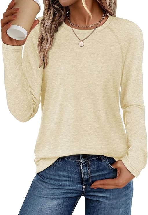 ATHMILE Long Sleeve Shirts for Women Fall Outfit 2026 Fashion Casual T Shirt Round Neck Basic Loo... | Amazon (US)