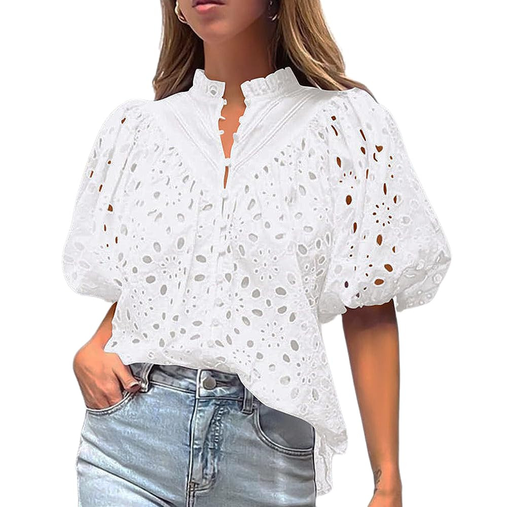 Summer Eyelet Tops for Women Embroidered Button Down Shirt Hollow Out Half Puff Sleeve Blouse | Amazon (US)